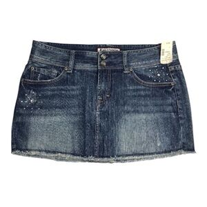Kali Denim Mini Skirt Size 11 Blue Distressed Rhinestone Y2K Low Rise Jean Skirt